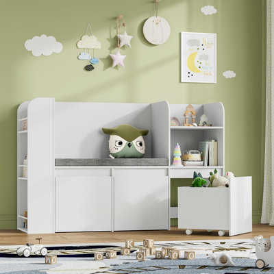 Kids Bookshelf with 3 Movable Drawers, Toy Storage Organizer with Reading Nook and 3-Tier Books, Children Bookcase with Seat Cushion for Kids Rooms, P