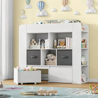 Toy Storage Organizer with 2 Movable Toy Chests, Toy Organizer and Storage Cabinet with 8-Tier Bookshelf and Storage Bins with Play Mat for Kids Rooms