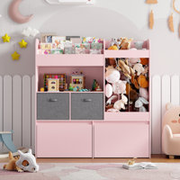 Toy Storage Organizer, Stuffed Animal Storage with 2 Toy Organizer Bins & Play Mat, 2 Movable Storage Chest and 3-Tier Bookshelf for Kids Room, Playro