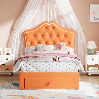 Twin Size Bed Frame with LED Lights & Velvet Crystal Button Headboard, Upholstered Princess/Girl Platform Bed with Storage Drawer, Noise Free, No Box by Alwyn Home