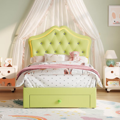 Twin Size Bed Frame with LED Lights & Velvet Crystal Button Headboard, Upholstered Princess/Girl Platform Bed with Storage Drawer, Noise Free, No Box by Alwyn Home