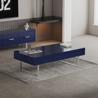 52.4"L Modern High Gloss Coffee Table – Hidden Storage Drawers, Stainless Steel Legs by Ivy Bronx