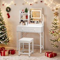 A Dressing Table Set With A Three-Color LED Mirror, A Power Outlet, Two Drawers, Two Shelves, And A Matching Stool. by Latitude Run