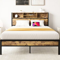 Bed Frame With Charging & Storage Headboard, Metal, , Strong, No Box Spring Requi, Easy Assembly Operations Metal Platform Bookcase Headboard Electric by Alwyn Home