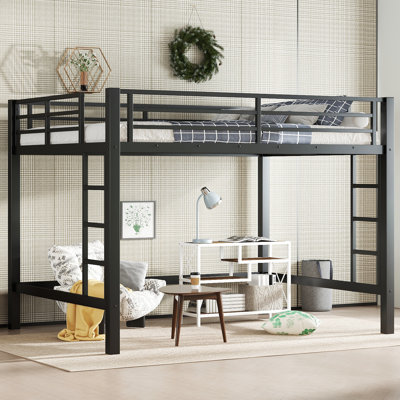 Queen Metal Loft Bed With Guardrails & Dual Ladders Space-Saving Design by Wrought Studio