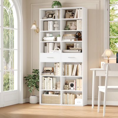 Wooden 73" Tall Bookcase with 14 Open Shelves & 2 Drawers, Adjustable Storage Organizer, Freestanding Wooden Bookshelf for Living Room & Office by Latitude Run