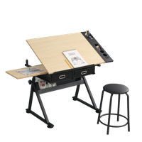 Drafting Table Art Desk w/Power Outlet and Stool, Adjustable Tilting Drawing Table Artist Desk with 2 Storage Drawers, Art Craft Work Station for Home by Inbox Zero