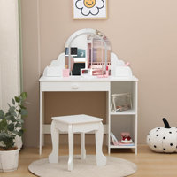 Lighted Mirror & Open Shelves Vanity Desk - Princess Makeup Table with Stool, Drawer & Pretend Toys, Wooden Dressing Table by Latitude Run