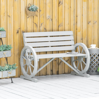 Outdoor 41" Wooden Bench With Rustic Wagon Wheel Design, Gray, , , 2 Seat, Solid Fir Wood Construction For Patio, Weather- And , Gray by Hokku Designs