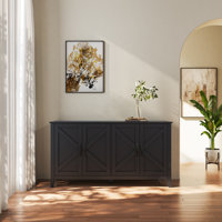 Black Freestanding Storage Cabinet with 4 Doors and 4 Open Shelves - Modern Sideboard Cabinet for Living Room, Office, Bedroom