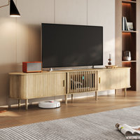 Mid Century Modern Sliding Tambour Door Tv Stand Wood Media Console Storage Cabinet