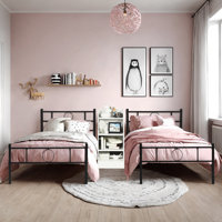 Single Bed Frame With Ladder Nighetstand Set Of 2, Platform Metal Bedframes, 4-Tier Wooden Storage Organizer. by Red Barrel Studio