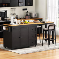 74.8" Kitchen Island with Extendable Dining Table, Kitchen Storage Cart with 3 Drawers, Power Outlet, Rolling Kitchen Island on Wheels with Spice Rack by Red Barrel Studio