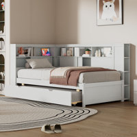 Twin Wood Daybed With Trundle & USB Storage Shelves by Hokku Designs
