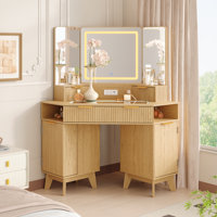 48" Corner Makeup Vanity Desk with Triple LED Mirror, 3 Light Mode Touch Control, Built-In Charging Station by Ebern Designs