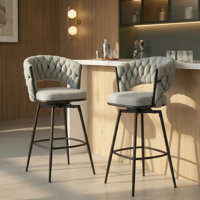 28" Grey Linen Swivel Bar Stools With Black Legs – Set Of 2, Counter Height With Back & Footrest by Latitude Run