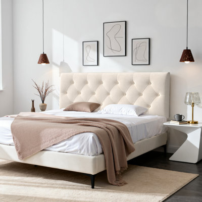 Tufted Upholstered Headboard Queen Size, Solid Wood Head Board with Durable Metal Legs, Linen Fabric Padded Headboard, Adjustable Height from 37” to 5