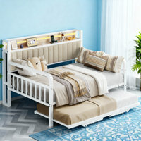 Multifunctional Sofa Bed With Foldable Table & LED Charging Headboard – Pull-Out Trundle Daybed For Small Spaces