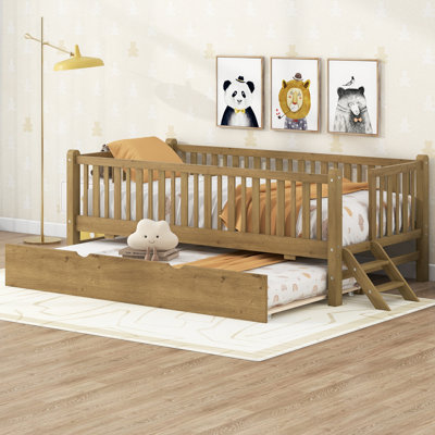 Wood Twin Size Platform Bed with Guardrail and Trundle, Walnut by Harriet Bee