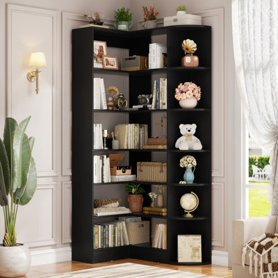 6 Tiers Corner Bookshelves With Baffle, 71" L-Shaped Bookcase With Open Storage