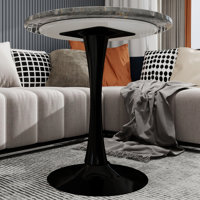 27.6-Inch Black Coffee Table, Mid-Century Modern Style Dining Table, Accommodates 2-4 People, Featuring A Round Dark Gray Textured Marble Tabletop, Su by Latitude Run