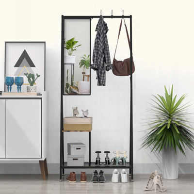 Coat Rack With Mirror, Multifunctional Hall Tree With Shoe Storage,  Aluminum Frame, For Living Room Bedroom, Industrial Style by 17 Stories