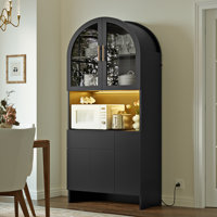 Arched Pantry Cabinet With Power Outlet & Led Light,71" Extra-wide Large Kitchen Storage Cabinet With Glass Doors, Freestanding Food Pantry Organizer