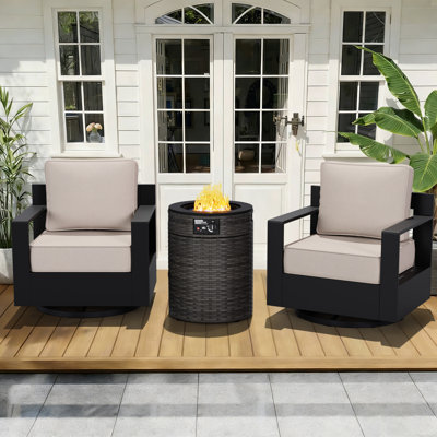 2-Person Modern Aluminum Outdoor Patio Furniture Set with 2 Swivel Chairs,2-in-1 Fire Pit Table and Beige Cushions by Latitude Run