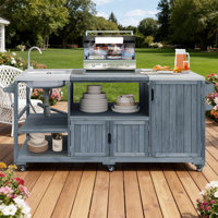 Nymeria 75.4" Solid Wood Outdoor Kitchen Island With Sink And Stainless Steel Top, Rolling Outdoor Grill Cart For Big Green Egg Grills, Pizza Prep, BB