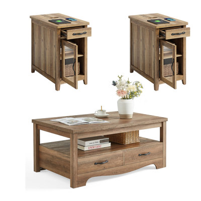3-Piece Modern Living Room Table Set,Modern Stripe Lift-Top Coffee Table and Charging End Tables by 17 Stories