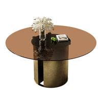 59-Inch Round Dining Table, Dark Brown Glass Tabletop Dining Table, With Antique Copper Carbon Steel Leg Base, Suitable For Family Kitchen And Living by Latitude Run