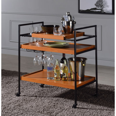 Serving Cart In Black And Oak, 3 Open Compartments With Wooden Adjustable Trays, Metal Synthetic Wood Rectangular Oaken Honey Oak & Finish Cart, 20Lbs by Red Barrel Studio