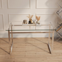 Modern Minimalist Rectangular Glass Dining Table With Tempered Glass Top And Chrome Metal Legs For 4-6 People, Perfect For Kitchen, Dining, And Living by Ivy Bronx