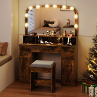 Vanity Desk Makeup Table with with Stool Large Mirror 3-Color Lights for Bedroom Brown by Latitude Run