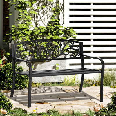 50" Bench For Outdoor. Metal Garden In Black With Floral . Porch Seat Slats , Yard, Lawn. Relaxing 2 Option Family & Friends. Easy To Assemble By . Sl by Astoria Grand