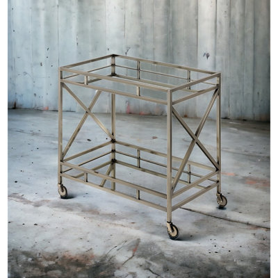 Mirrored Shelf Serving Cart With Antique Gold Finish And Open Storage Compartment Metal Frame by Mercer41