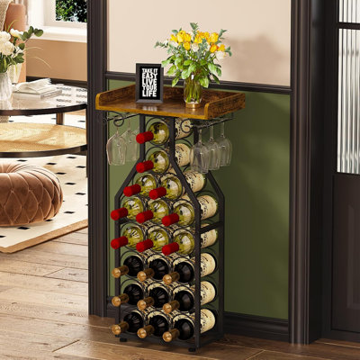 Wine Rack Freestanding Floor, Wine Storage Rack Mini Bar Table With Tabletop, Glass Holder Wine Bottle Display Stand Liquor Cabinet For Home Bar Kitch