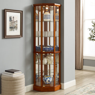 Adjustable Glass Shelves Curio Cabinet With Mirrored Back, Oak Exhibition 6 Shelf Cabinet, Oak, Tempered & Back Decoration by George Oliver
