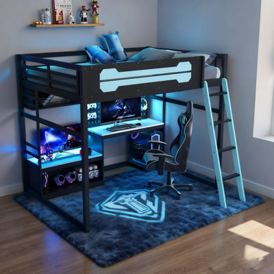 Full Size Loft Bed With Computer Desk, Storage Bookcase Shleves And Lights, Power Outlets by Ivy Bronx