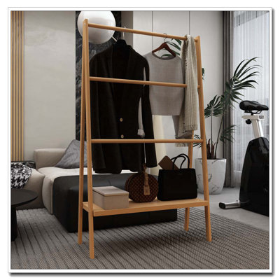Solid Oak Wood Clothes Rack, Black Rattan Hanger Rack-Clothes Rack With Shelves by Rebrilliant