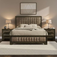 3-Piece Contemporary Solid Wood and Ash Bedroom Set with Upholstered Panel Bed and Two Drawer Nightstands by Ebern Designs