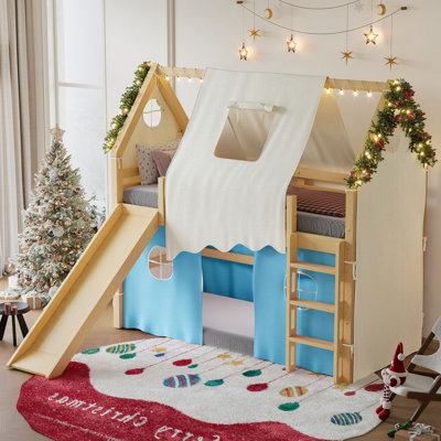Twin House Loft Bed with Slide, Ladder & Lights, Solid Wood Kids Loft Bed with Sills, Tents, No Box Spring, Blue/Natural by Latitude Run