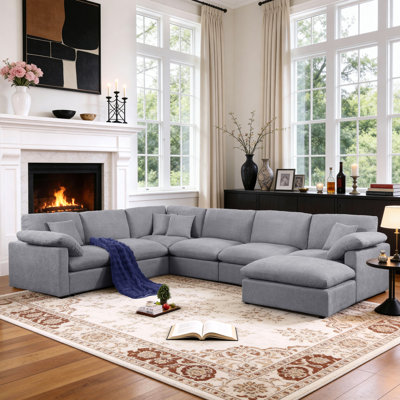 144" Chenille Sectional Corner Sofa 7-Seat Oversized Cloud Modular Deep Seat Couch With Upholstered Removable Ottoman by Mercer41