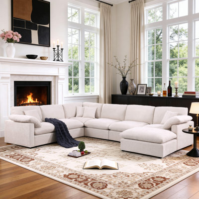 144" Chenille Sectional Corner Sofa 7-Seat Oversized Cloud Modular Deep Seat Couch With Upholstered Removable Ottoman by Mercer41