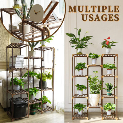 Tall Shelf Stand Indoor Outdoor For Multiple Plants, 10 Tiers 11 Pot Wood Plant Holder Rack For Room Corner Balcony Garden Patio Brown Large by 17 Stories