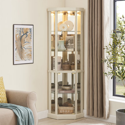 Lighted Corner Curio Cabinet - Elegant Glass Display Case For Living Room & Bar Storage - Perfect For Antique Collections & Wine - Includes Built-In L by Charlton Home