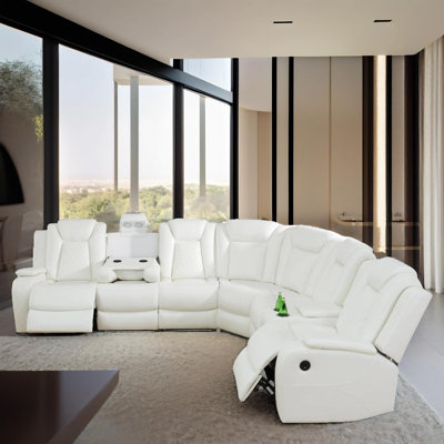 7 Seater Power Recliner Sectional Sofa Couch with LED, Leather Living Room Furniture Sofa Set by Latitude Run