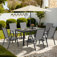 6-Person Patio Dining Set, Textilene Stackable Chairs And Rectangular Table With Umbrella Hole by Latitude Run