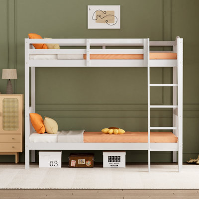 Twin Over Twin Solid Wood Bunk Bed, Twin Bunk Beds For Kids And Adults With Full Length Guardrails, No Box Spring Required by Latitude Run