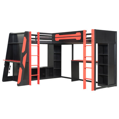 L-Shaped Wooden twin Size Gaming Bed Frame with RGB LED Lights, Dual twin Beds, USB Ports, TV Stand & Storage Shelves, Reversible Layout, Space-Saving by Orren Ellis